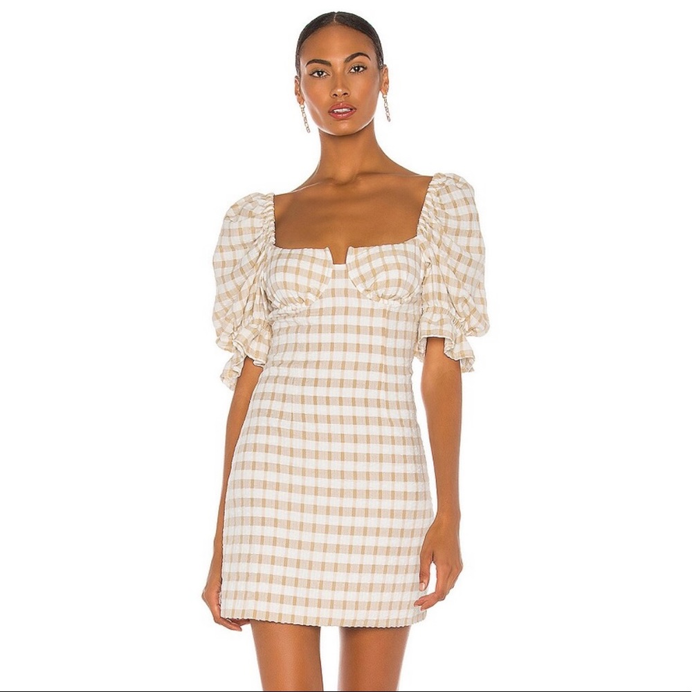 NWT Camila Coelho Luisa mini dress in tan check